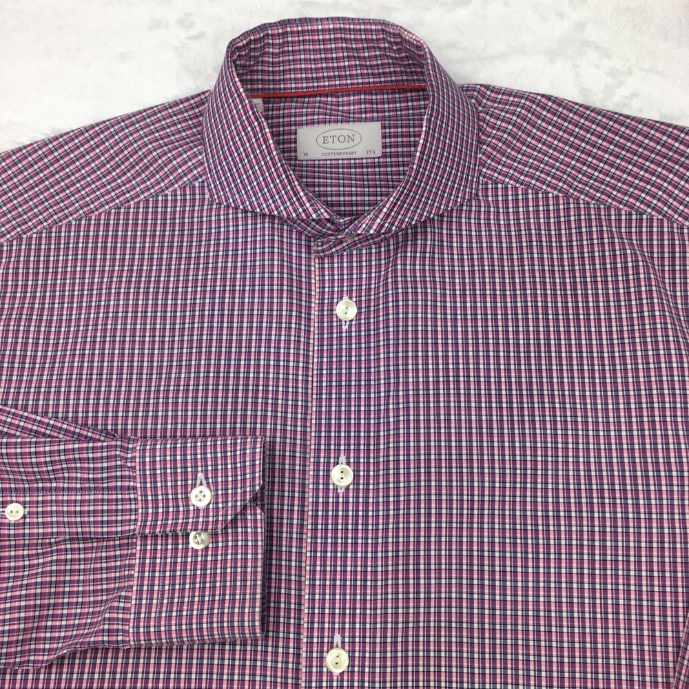 Eton Dress Shirt Mens 15.5 (39) Pink/Burgundy Check Contemporary‎ Long Sleeves